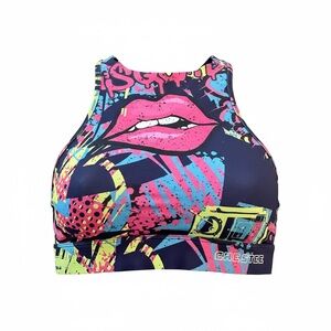 The Chestee Navy High-Neck Sports Bra with Pink and Neon Graphics